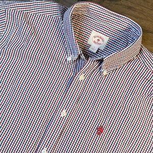 Brooks Brothers Seersucker Men's L Gingham Red Blue Check Short Sleeve Button Up